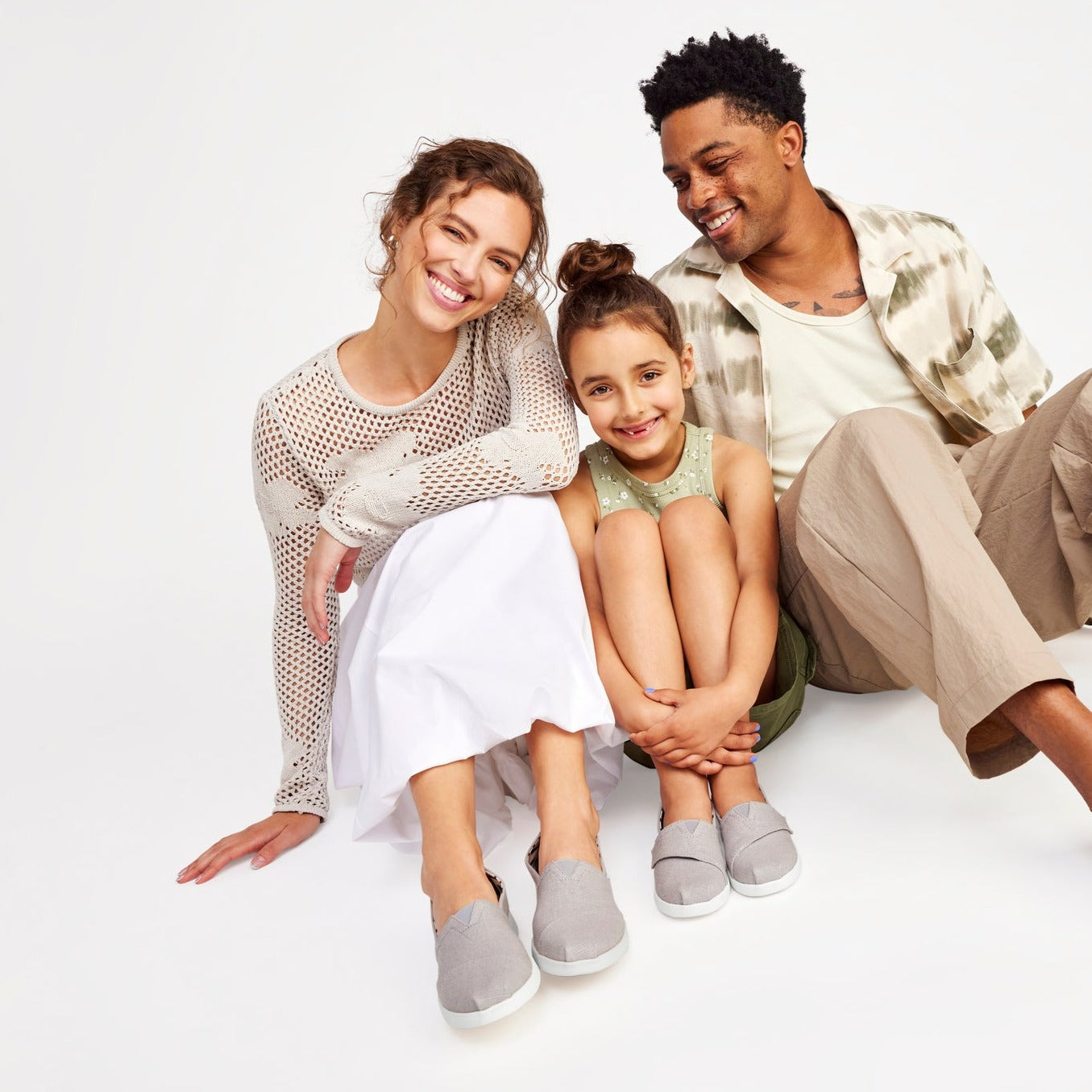 Alpargata Plus In Grey Canvas On Model Sitting With Daughter Also Wearing Alpargata Slip On Shoes