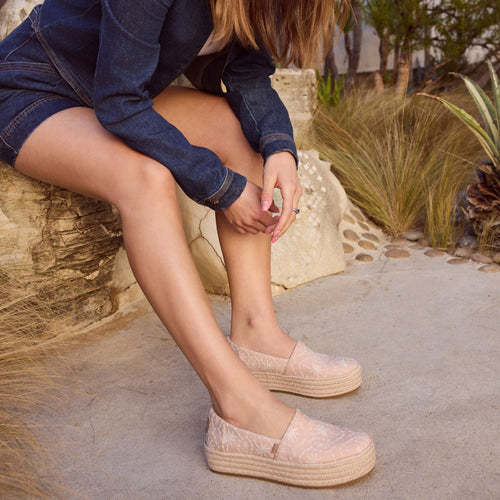 On figure image of the Apricot Tropical Eyelet Valencia Espadrilles