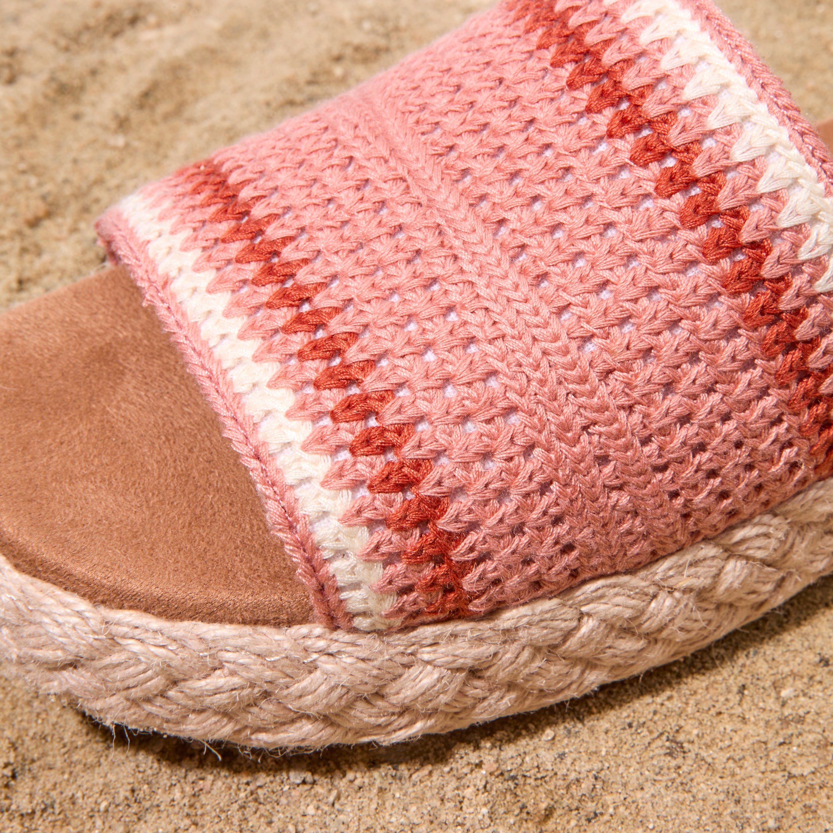 Close up detail image of the pink crochet Abby espadrille sandal