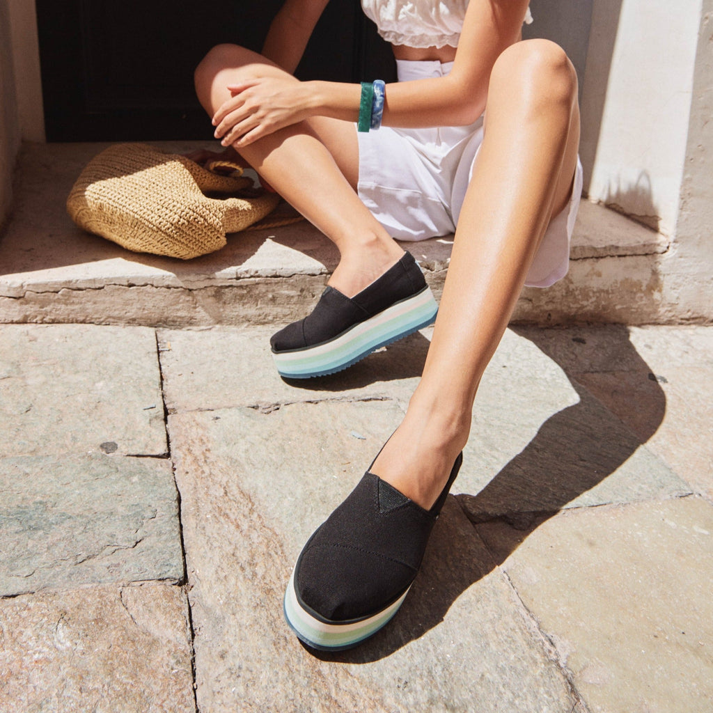 Alpargata Platform In Black Canvas On Model Sitting In Doorway