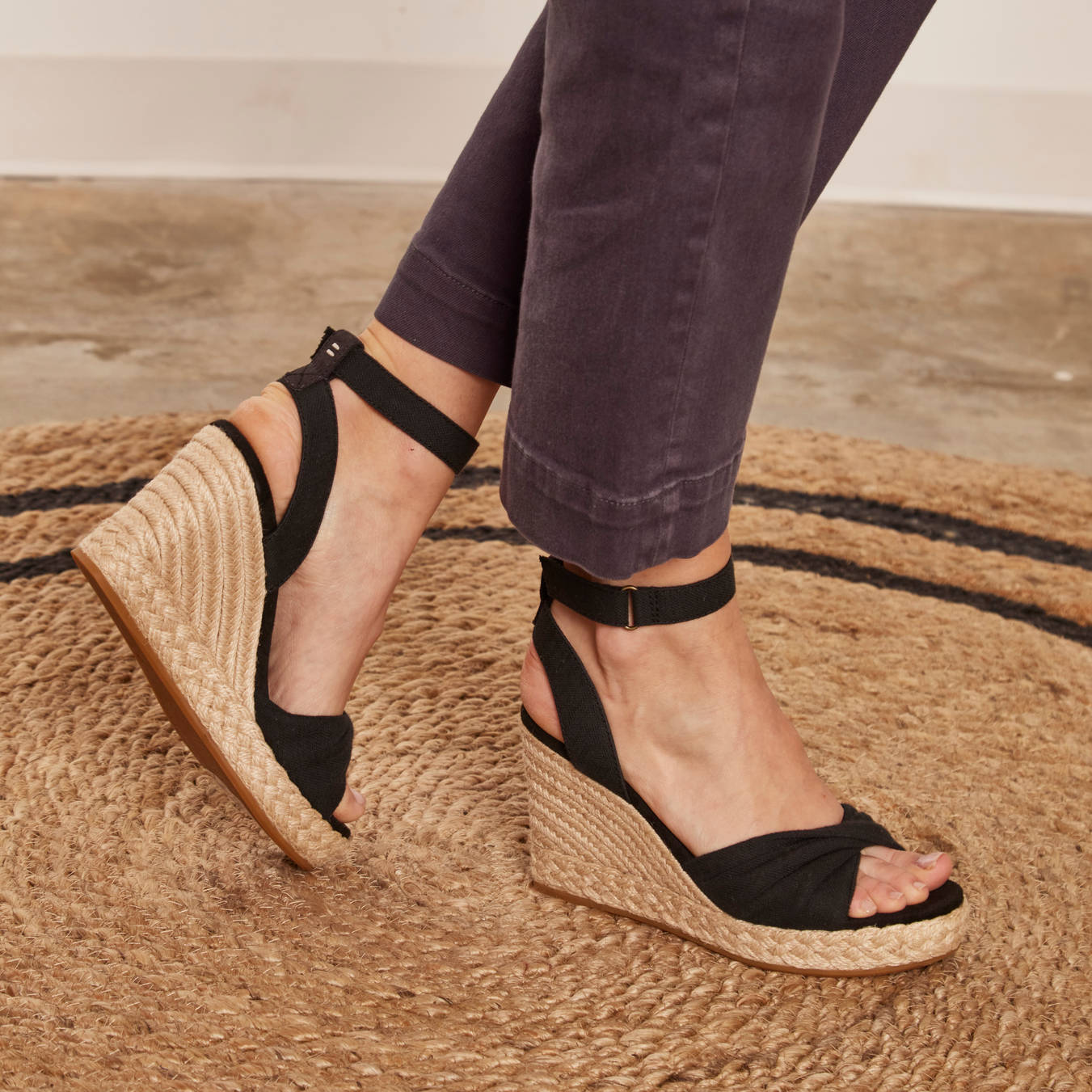 Marisela Black Textile Rope Espadrille Sandal On Model Standing On Rug
