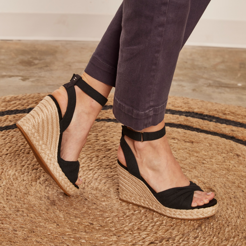 Marisela Black Textile Rope Espadrille Sandal On Model Standing On Rug