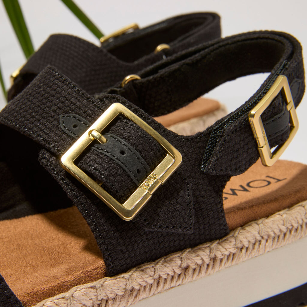 Up close detail shot of the black crochet Giana platform sandal