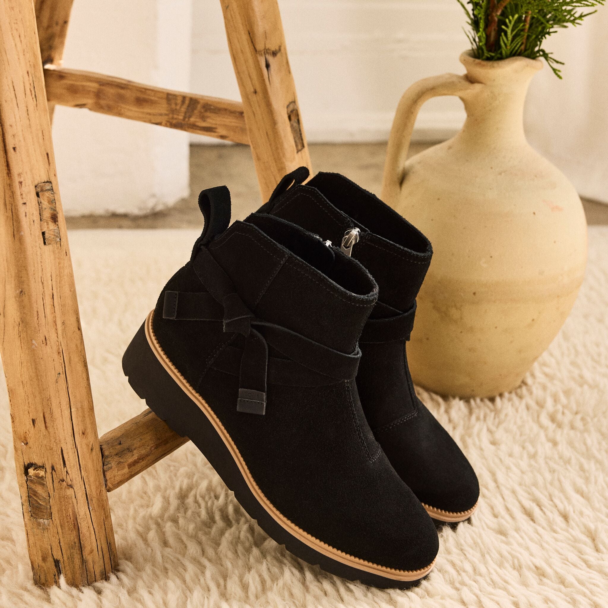 Laydown image of the Water Repellent Black Suede Astrid Boot