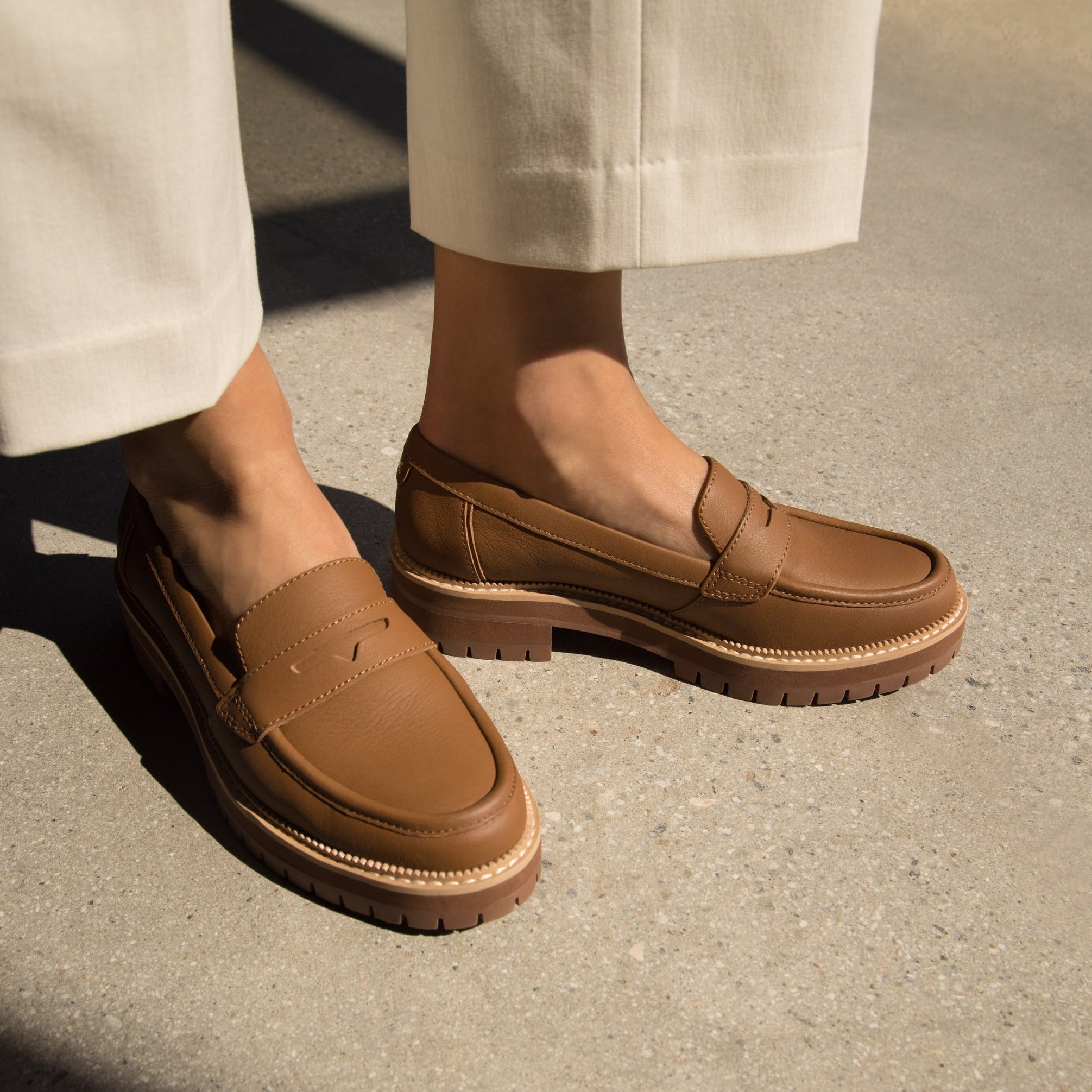 Cara Chunky Loafer In Tan Leather On Model Up Close Detail Shot