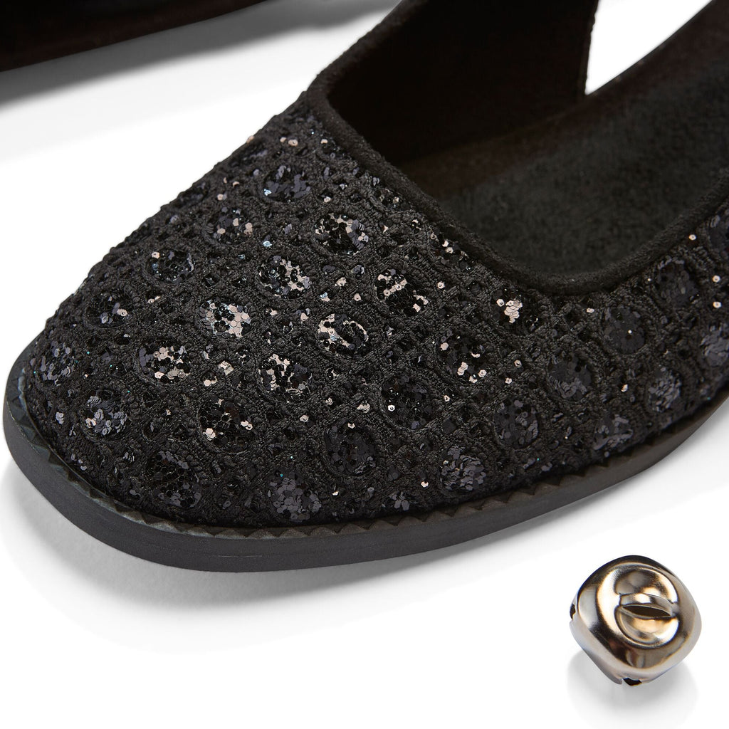 Up close detail shot of the geometric sparkle Jaclyn Slingback heel