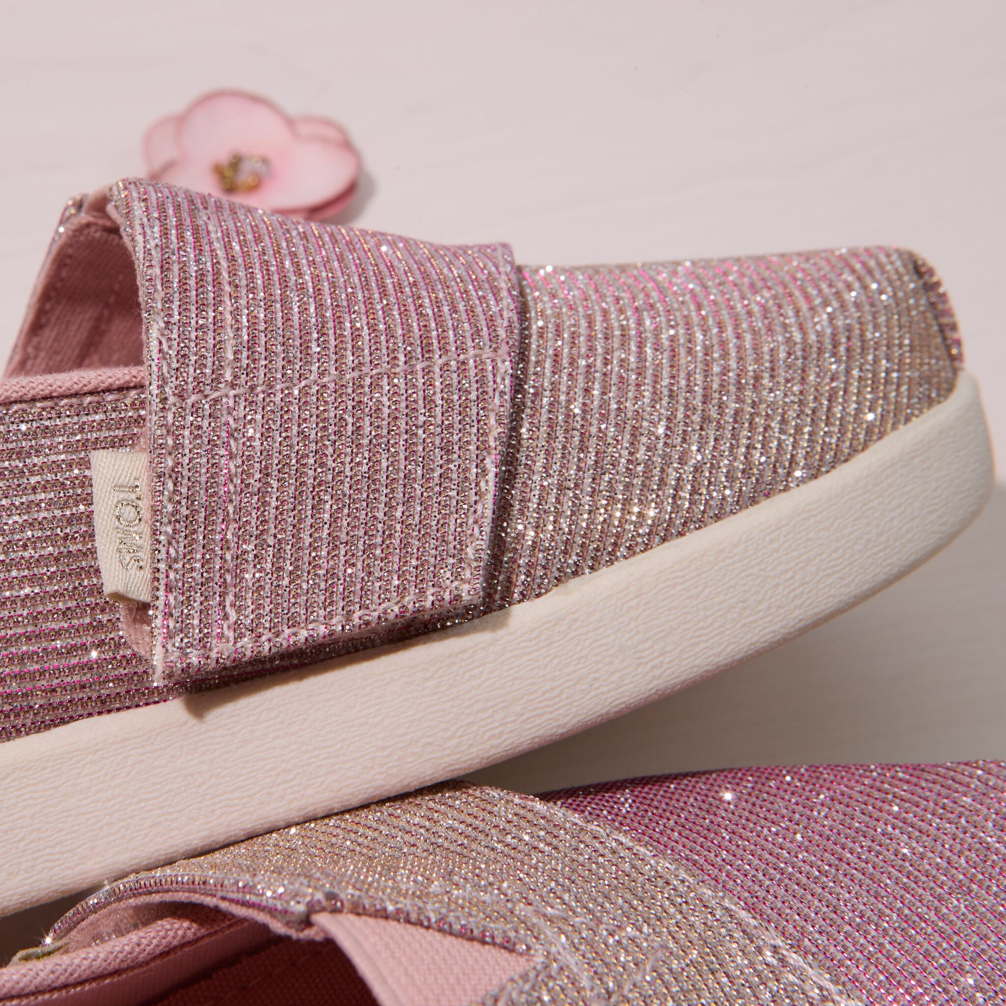 Up close detail image of the Kids pale rose glitter corduroy Alpargata