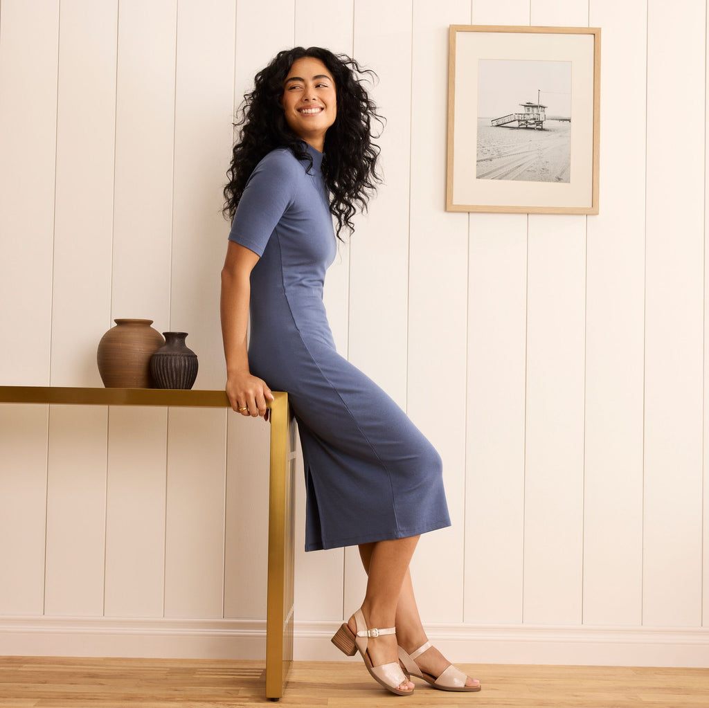 On model image of the champagne shimmer Eloise heel