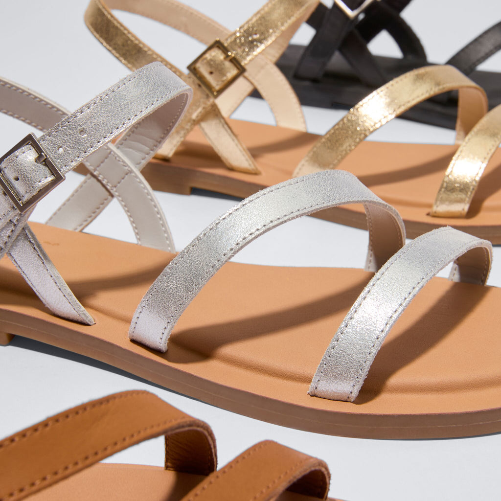 Up close detail image of the silver Kira strappy sandal