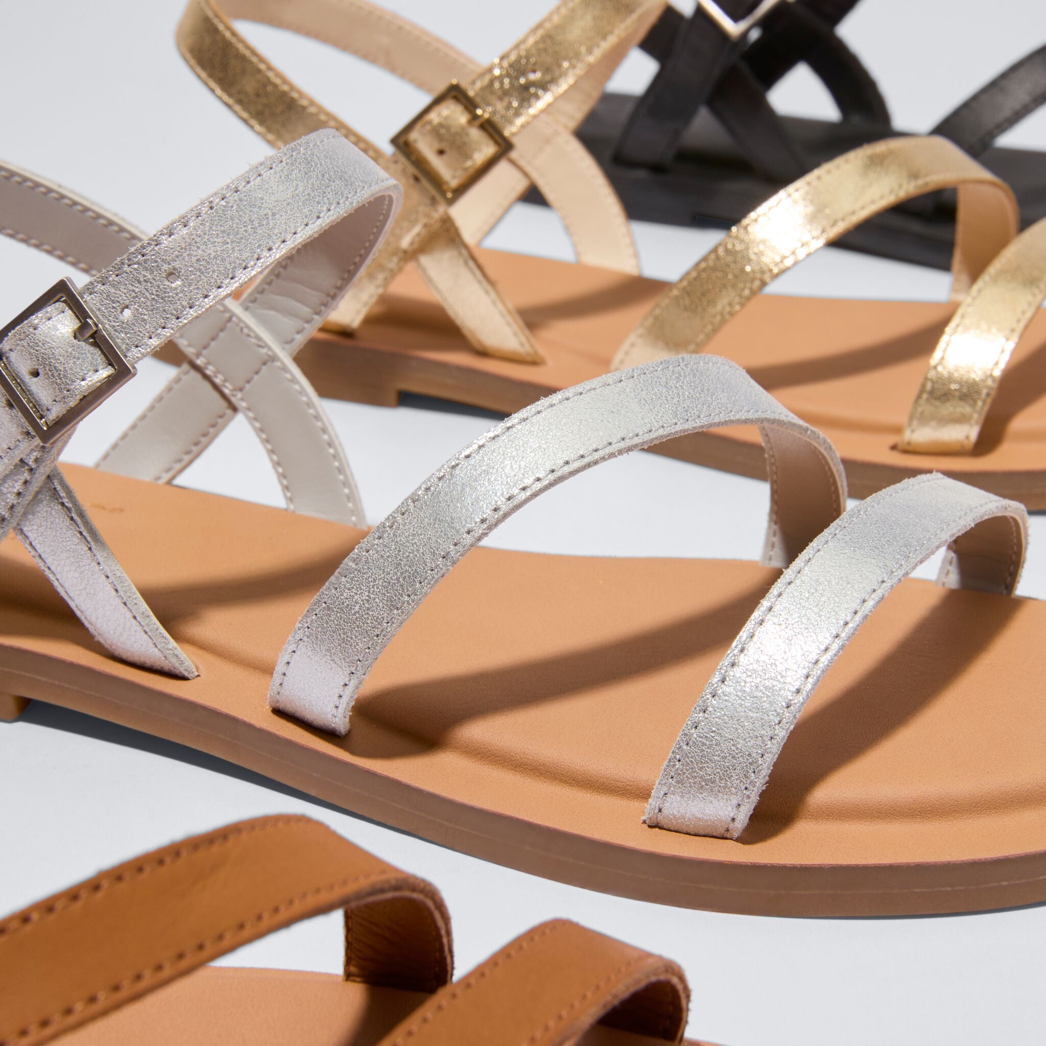 Up close detail image of the silver Kira strappy sandal